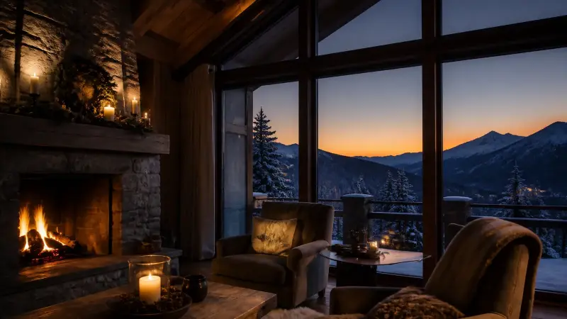 Alpine chalet interior with fireplace
