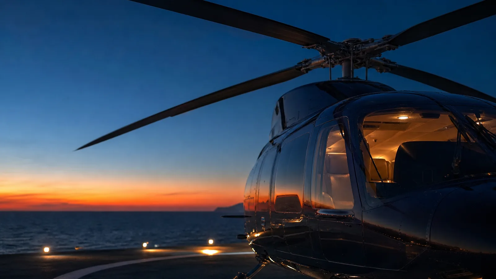 Helicopter on a helipad at dusk