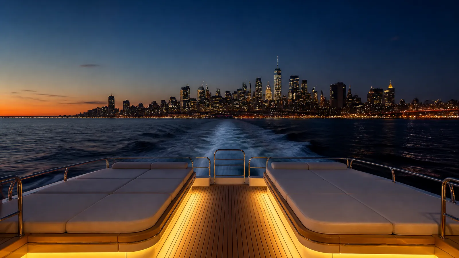 Aft deck of a superyacht at blue hour