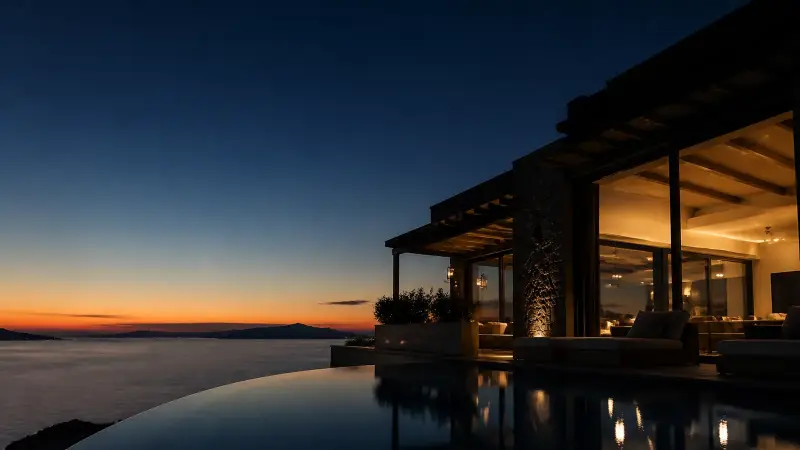 A staffed villa terrace at dusk